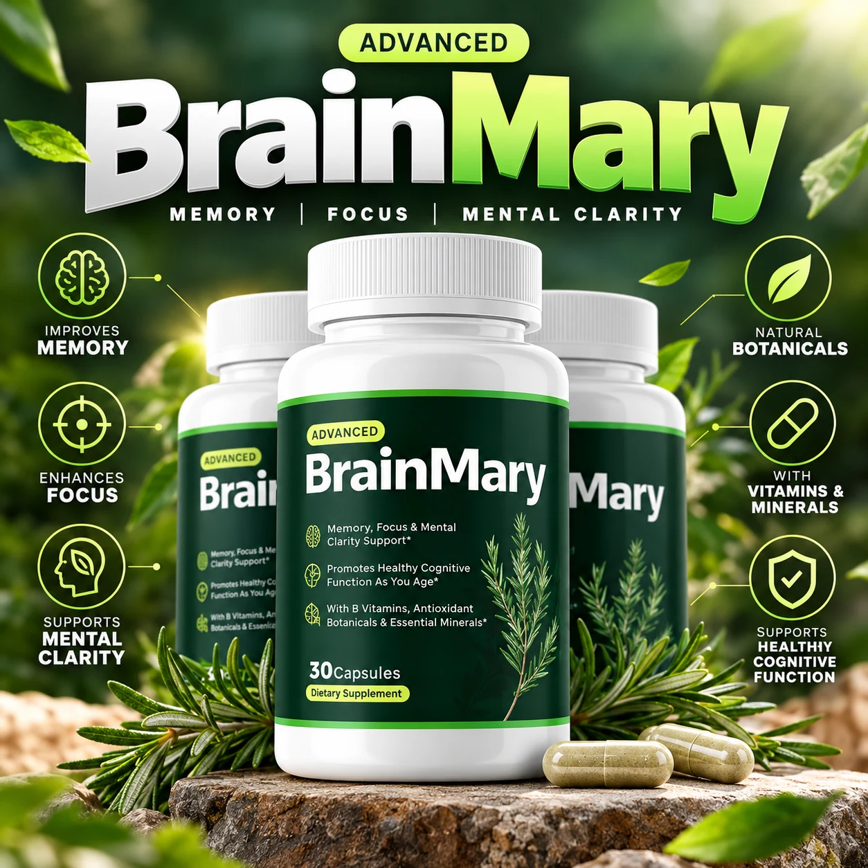 BrainMary advanced cognitive support supplement bottles with memory, focus and mental clarity icons